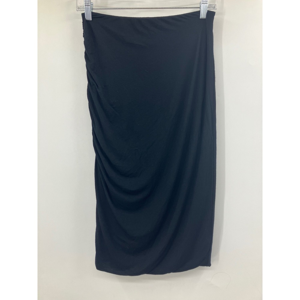 James Perse Black Ruched Midi Skirt Viscose Blend Draped Pencil Medium
